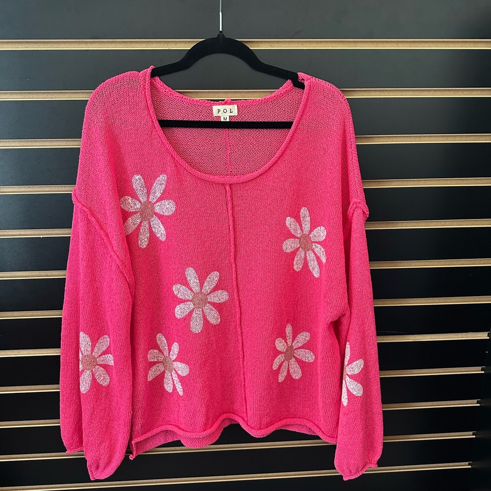 Anthropologie POL Hot Pink Floral Scoop Neck Knit Sweater